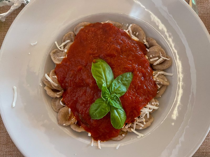 A white bowl holds orecchiette pasta with red sauce on top, and a green basil leaf atop the sauce.